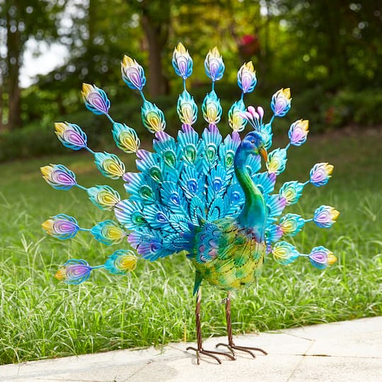 Glitzhome® 28.75" Metal Tail Spread Peacock Garden Statue with Stakes
